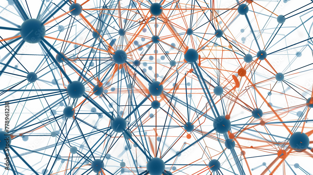 Fototapeta premium Abstract network concept with interconnected lines and dots representing communication, technology, and data analysis on a gradient blue to white background.