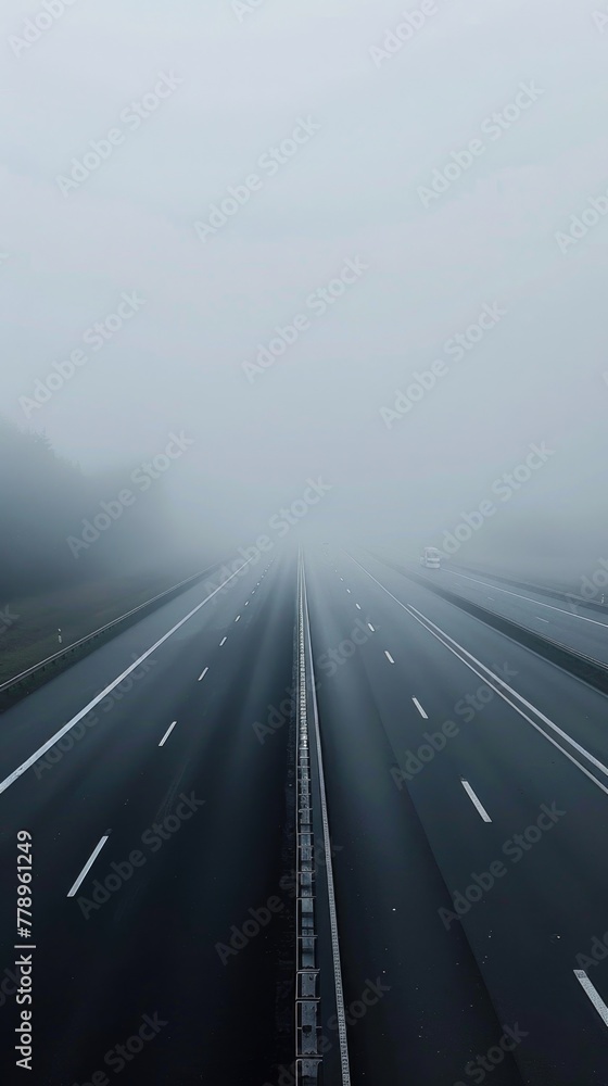 Fototapeta premium Empty highway stretching into a foggy horizon, with no cars in sight