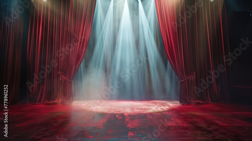 Empty theater stage with curtains drawn, a single spotlight shining