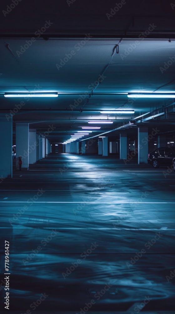 Dimly lit parking garage at night, echoing with unseen footsteps