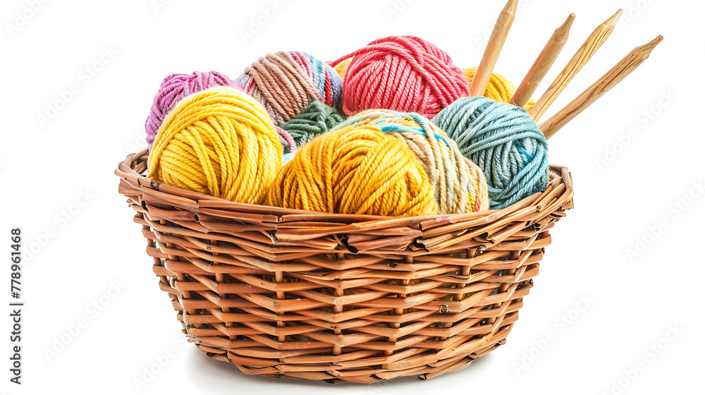 Wicker basket with knitting needles and balls of yarn isolated on white background