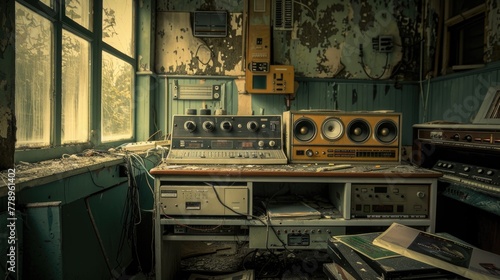 Deserted radio station, records scattered, static filling the airwaves photo