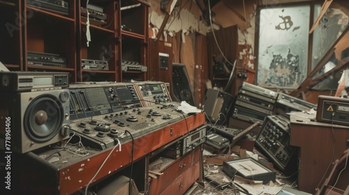 Deserted radio station, records scattered, static filling the airwaves photo