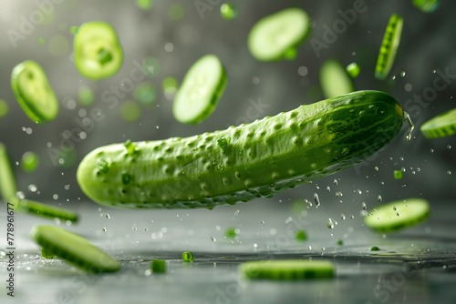 Fresh cucumber slices falling with water splash on a blurred background. Dynamic motion  healthy eating concept.