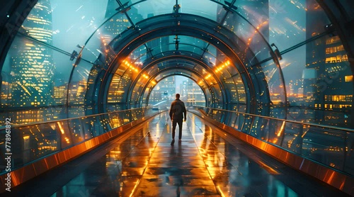 man walking on the digital bridge city skyline photo