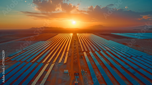 Aerial view of the solar power plant in the desert at sunset