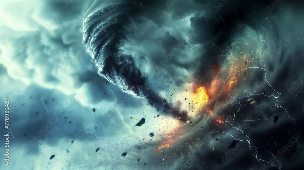 Dramatic digital artwork of a tornado with fiery explosion at the base ...