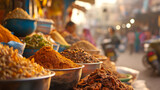 Various spices and herbs and dry fruits in the local market on a stall in the Arabian market, in India