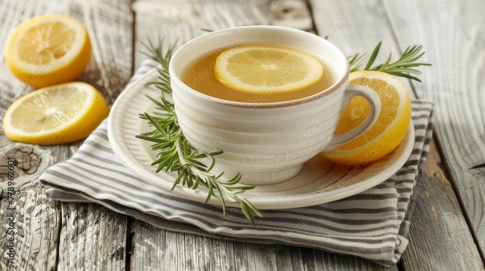 Freshly Brewed Herbal Tea with Lemon Slices and Rosemary Sprigs in a White Ceramic Cup on Rustic Wooden Table Background Freshly Brewed Herbal Tea with Lemon Slices and Rosemary Sprigs in a White Ceramic Cup on Rustic Wooden Table Background
