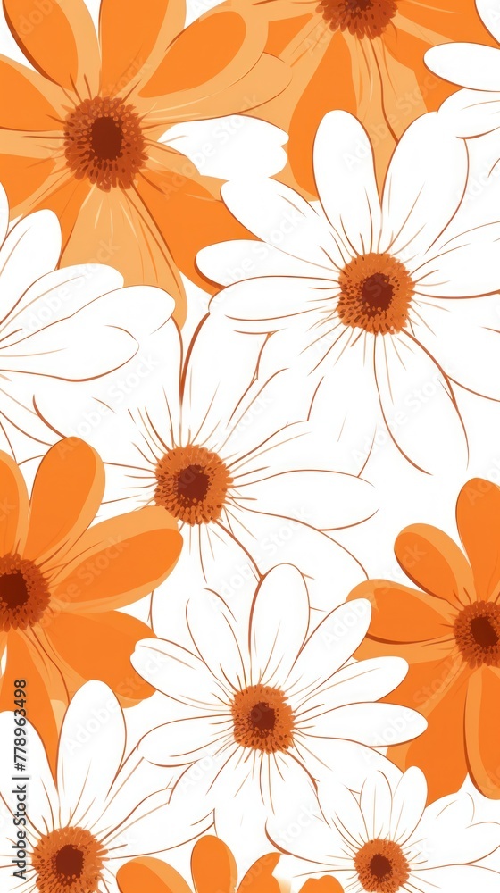 Orange and white daisy pattern, hand draw, simple line, flower floral spring summer background design with copy space for text or photo backdrop