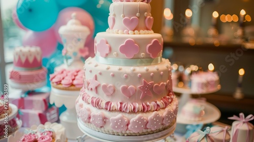 Elegant Pink and White Tiered Celebration Cake with Balloons and Sweets on Festive Dessert Table