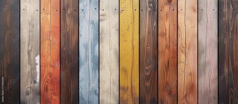 A row of hardwood planks in various shades of brown and wood stains create a beautiful pattern on the floor. The varnished wood flooring showcases an artistic blend of colors A row of hardwood planks in various shades of brown and wood stains create a beautiful pattern on the floor. The varnished wood flooring showcases an artistic blend of colors