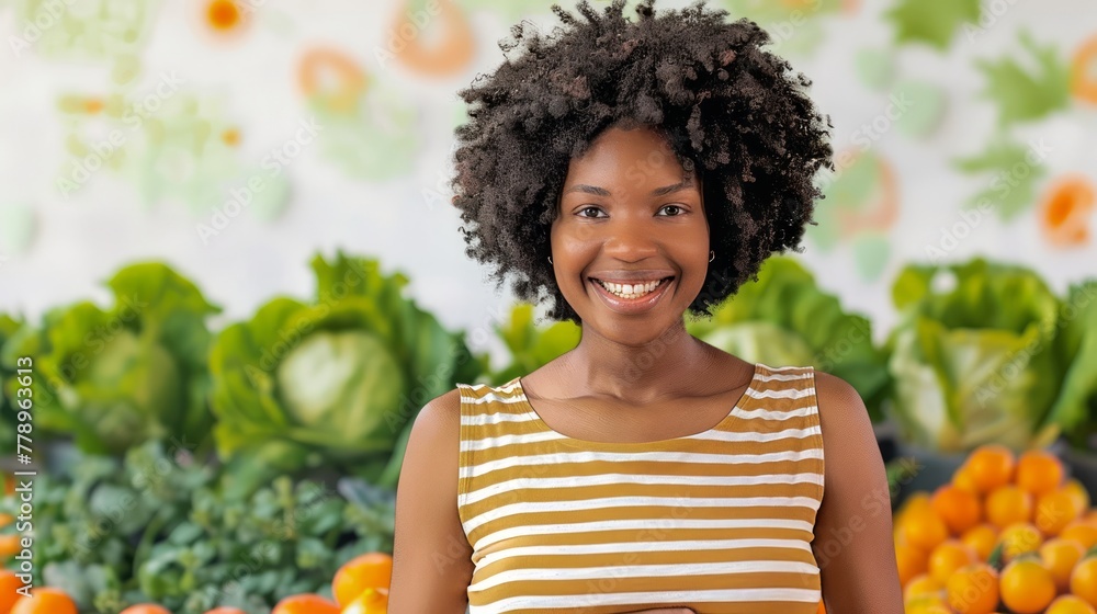 Cheerful Young Woman Smiling in Grocery Store with Fresh Vegetables and Fruits in Background Cheerful Young Woman Smiling in Grocery Store with Fresh Vegetables and Fruits in Background