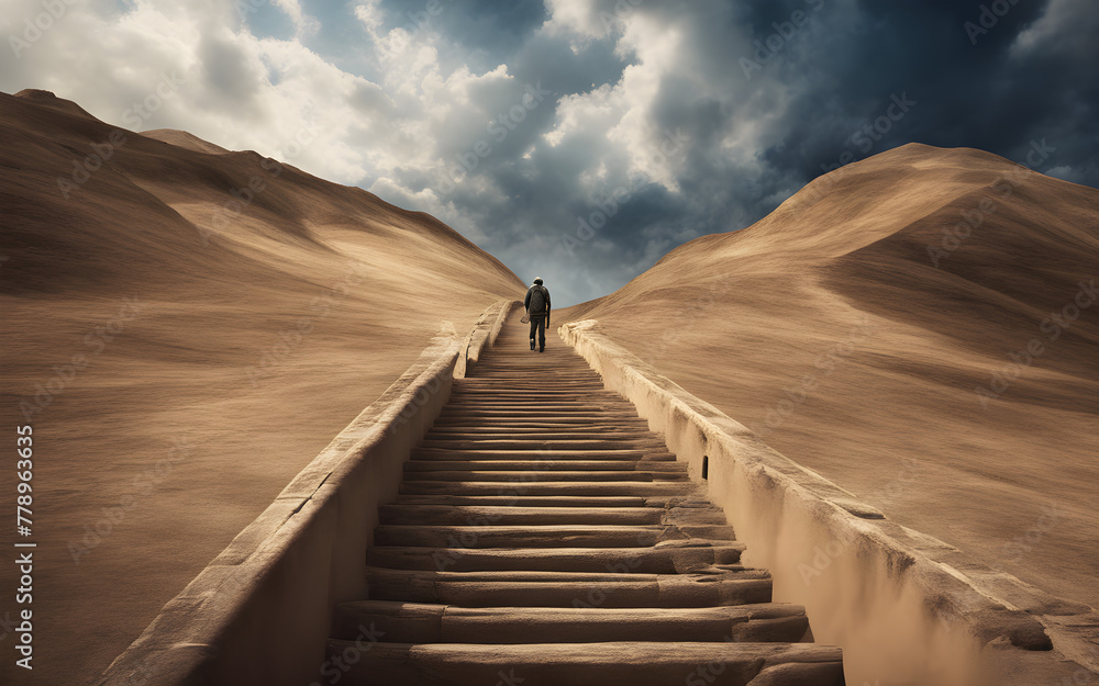Road to discovery concept with man climbing stairs into the unknown, sky beckoning above