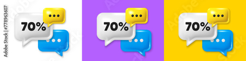Chat speech bubble 3d icons. 70 percent off sale tag. Discount offer price sign. Special offer symbol. Discount chat text box. Speech bubble banner. Offer box balloon. Vector
