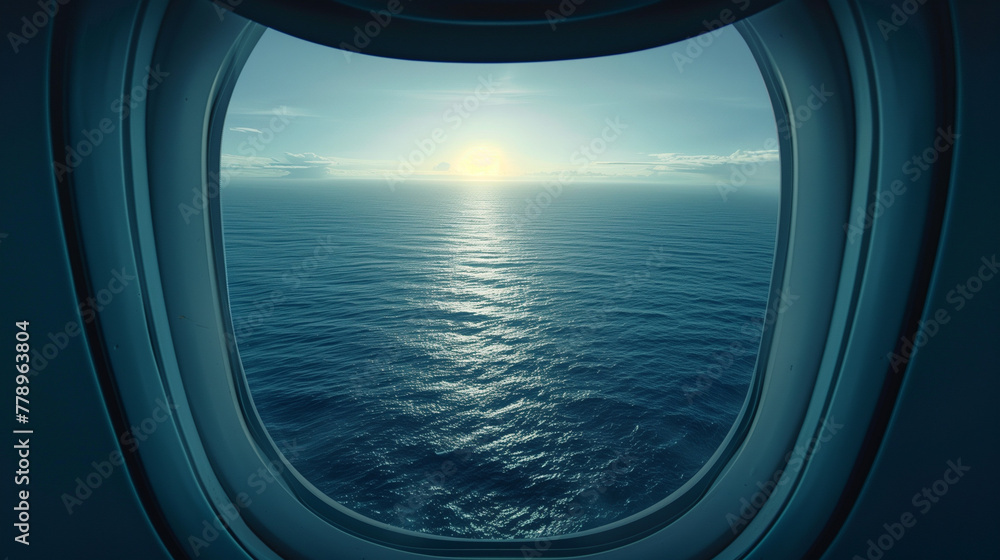 View of a serene ocean sunset through the porthole of a ship, with gentle waves reflecting the warm sunlight, conveying a sense of peace and travel. View of a serene ocean sunset through the porthole of a ship, with gentle waves reflecting the warm sunlight, conveying a sense of peace and travel.