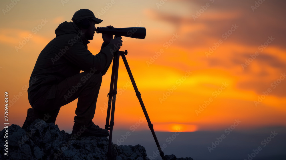 Man Using Telescope on Rock