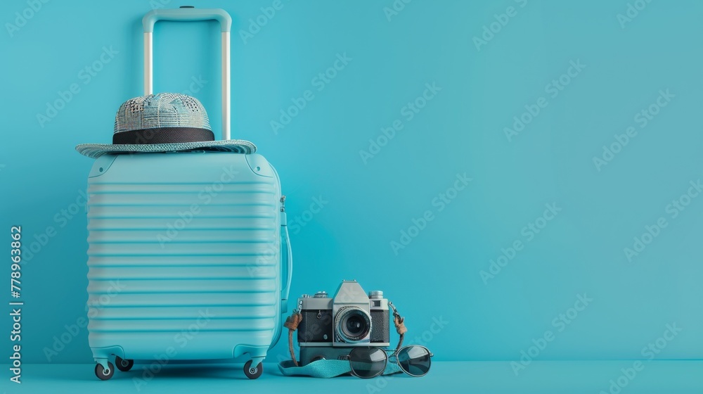 Obraz premium baggage travel. Blue suitcase with travel accessories such as sunglasses, hat and camera on light blue background.