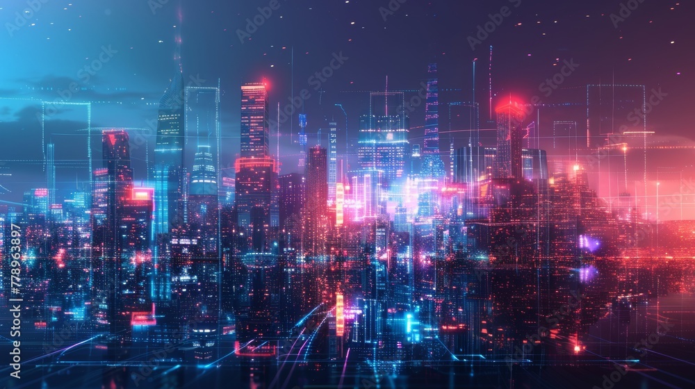 cityscape with space and neon light effect. Modern hi-tech, science, futuristic technology concept. Abstract digital high tech city design for banner background cityscape with space and neon light effect. Modern hi-tech, science, futuristic technology concept. Abstract digital high tech city design for banner background