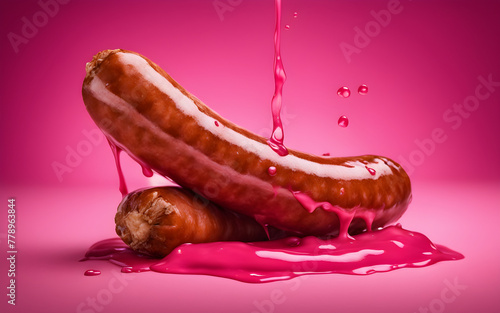 Sausage with dripping pink sauce on pink background