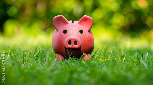 A vibrant red piggy bank on a lush green lawn, symbolizing savings and financial planning in a natural setting.