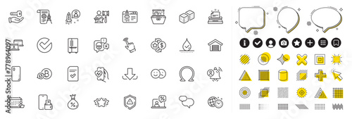 Set of Refrigerator, Cardio training and Verify line icons for web app. Design elements, Social media icons. Buying house, Cyber attack, Waterproof icons. Dice, Auction, Online tax signs. Vector