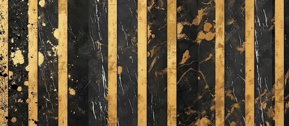 A detailed close up of a black and gold striped wall made of hardwood with a unique pattern resembling a trunk of a tree, showcasing a mix of metal and art on the facade
