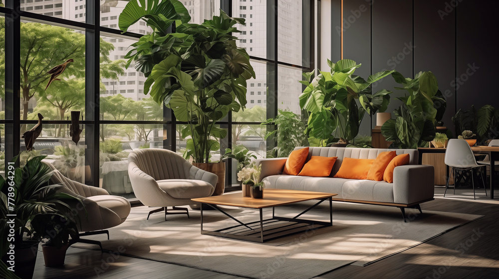 Fototapeta premium Green office decor, modern office interior design. Generative AI.