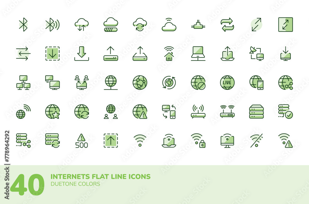 Set vector icon of internet and networks. Duotone colors isolated in white background. Flat line icons