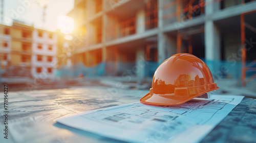 Orange plastic helmet for workers security lies on a blueprint at a construction site background. Generative AI.