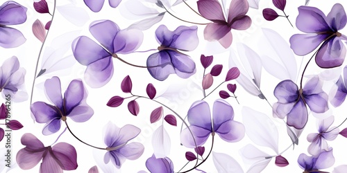 Violet flower petals and leaves on white background seamless watercolor pattern spring floral backdrop 