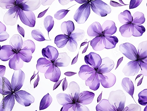 Violet flower petals and leaves on white background seamless watercolor pattern spring floral backdrop 