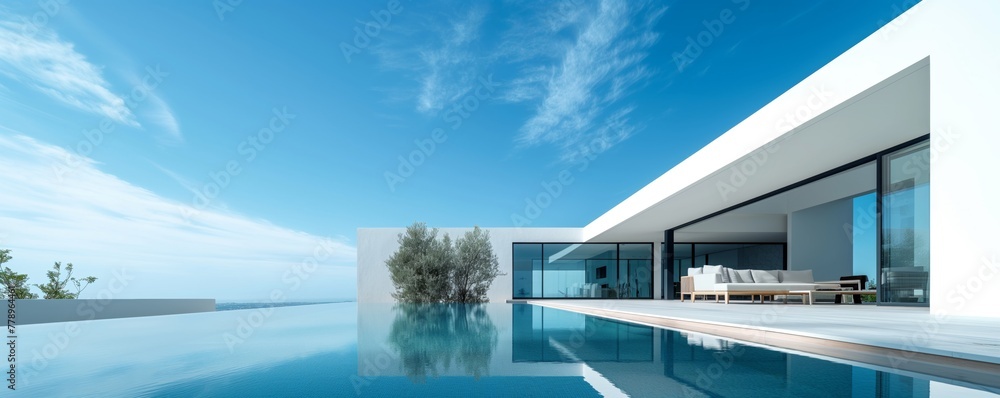 Fototapeta premium Modern minimalist sustainable house with a clear blue pool with sleek white walls, and a serene sky backdrop