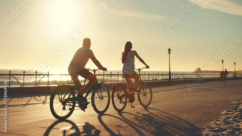 Silhouetted couple riding bicycles on a beach promenade at sunset, with warm golden light and long shadows, conveying a sense of leisure and active lifestyle.