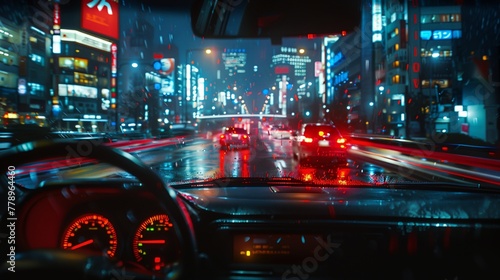 a car driving down a city street at night time