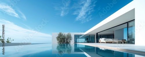 Modern minimalist sustainable house with a clear blue pool with sleek white walls, and a serene sky backdrop 