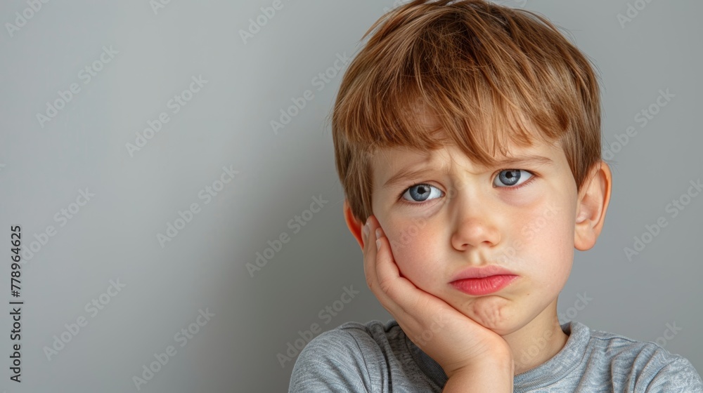 little boy presses hand to cheek, suffers from pain in tooth isolated on gray studio background. Teeth decay, dental problems, child emotions and facial expression little boy presses hand to cheek, suffers from pain in tooth isolated on gray studio background. Teeth decay, dental problems, child emotions and facial expression