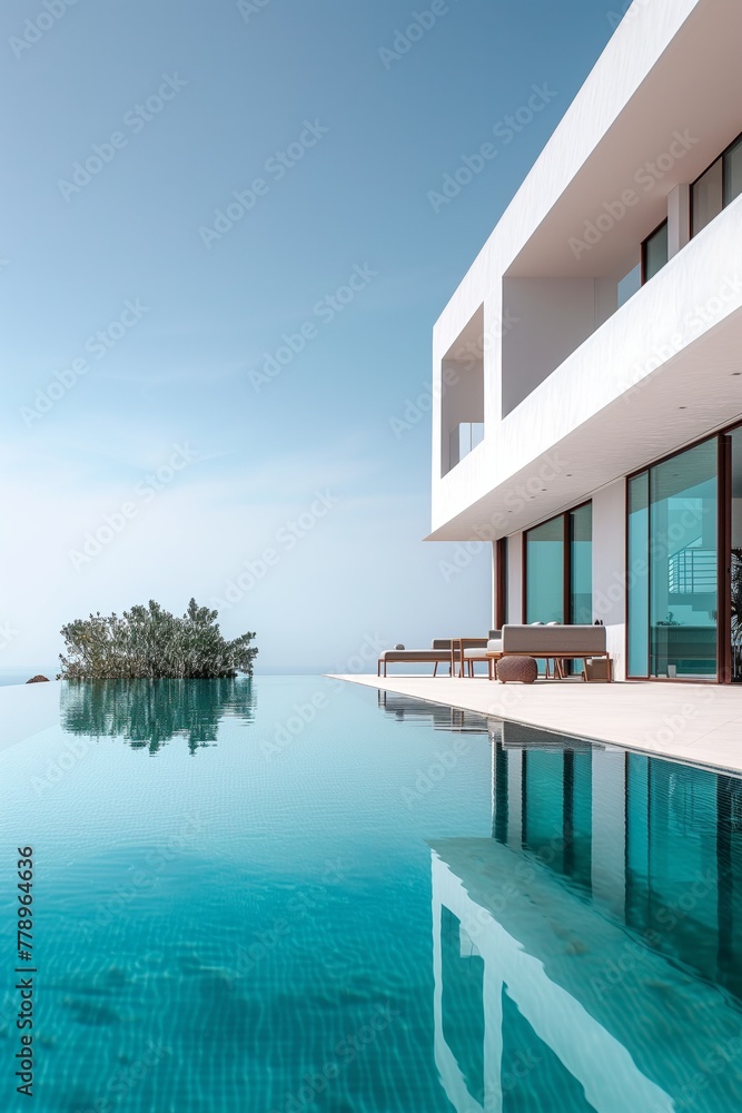 Obraz premium Modern minimalist sustainable house with a clear blue pool with sleek white walls, and a serene sky backdrop