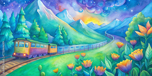 Train on imaginary,traveling by train, travel, beautiful, colorful, imagin, water color photo