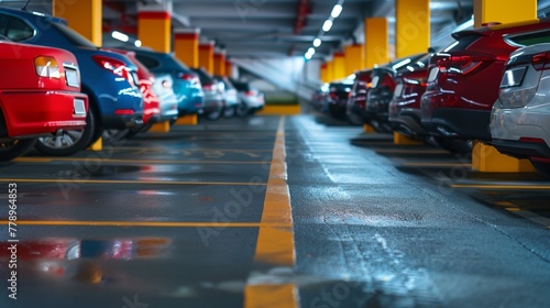 a row of cars parked in a parking garage