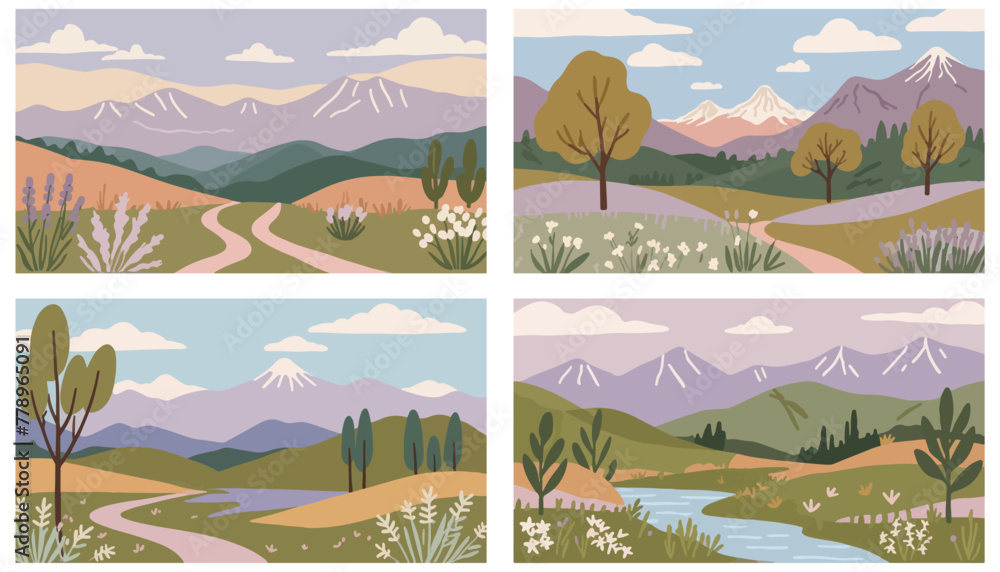 Set of Mountains. Exploring Natural Beauty. Stunning Flat Vector Landscape Illustrations in Pastel Colors.
