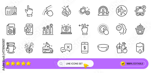 Juice, Documentation and Flight mode line icons for web app. Pack of Cursor, Drop counter, Reject pictogram icons. Swipe up, Click hand, Bus parking signs. Calendar graph, Tea, Pasta. Vector