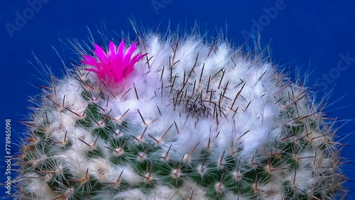 Mammillaria sp., close-up of a cactus blooming with pink flowers in spring photo