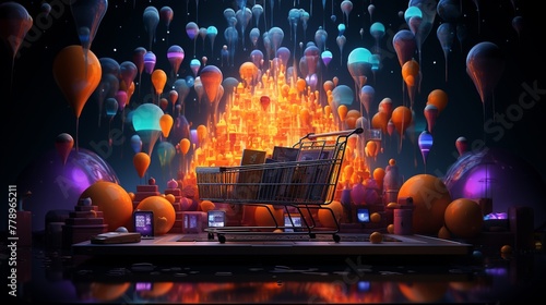 A 3D render of a neon globe surrounded by shopping carts illustrating worldwide online shopping photo