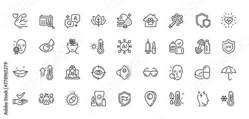 Eye drops, Social distance and Face verified line icons pack. AI, Question and Answer, Map pin icons. Thermometer, Organic tested, Medical vaccination web icon. Vector
