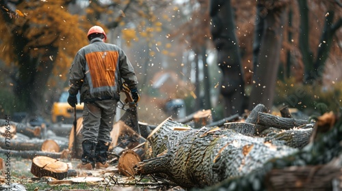 a man cutting a log with a chainsaw in a forest photo