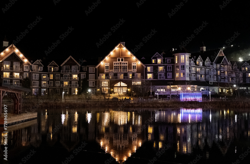Mill Pond and hotels around Blue Mountain evening