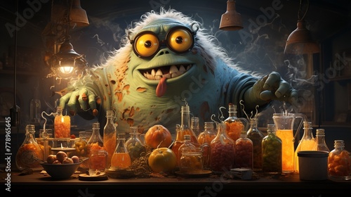 A rogue scientist inventing a potion to transform junk food monsters into healthy allies illustration photo