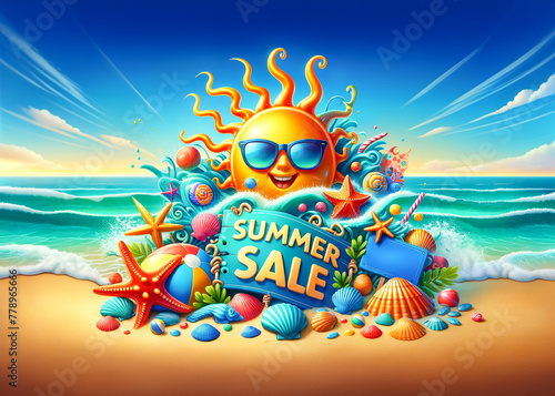 Joyful summer sale scene on a sunny beach with a smiling sun, festive decorations, and playful accents