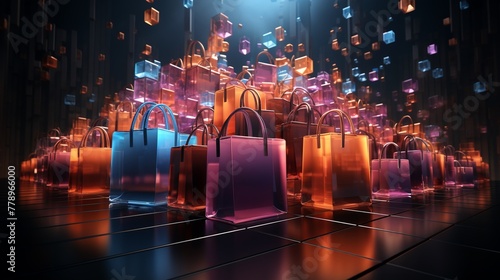 Bright 3D neon shopping bags filled with digital goods floating in cyberspace photo
